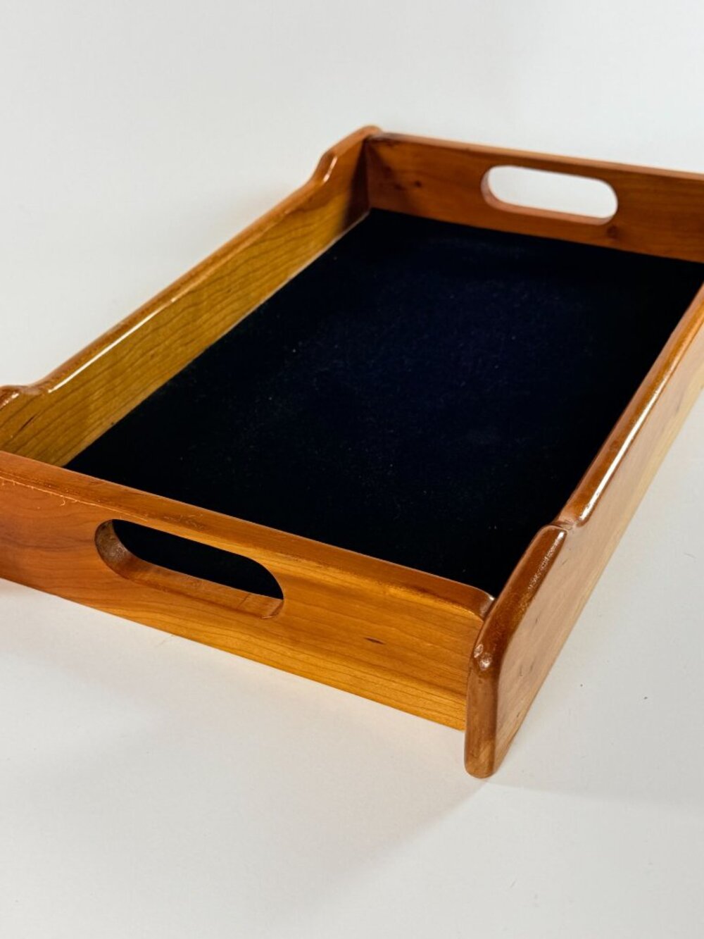 Vintage Wooden Rectangular Serving Tray With Black Lined Base & Handles 17x11